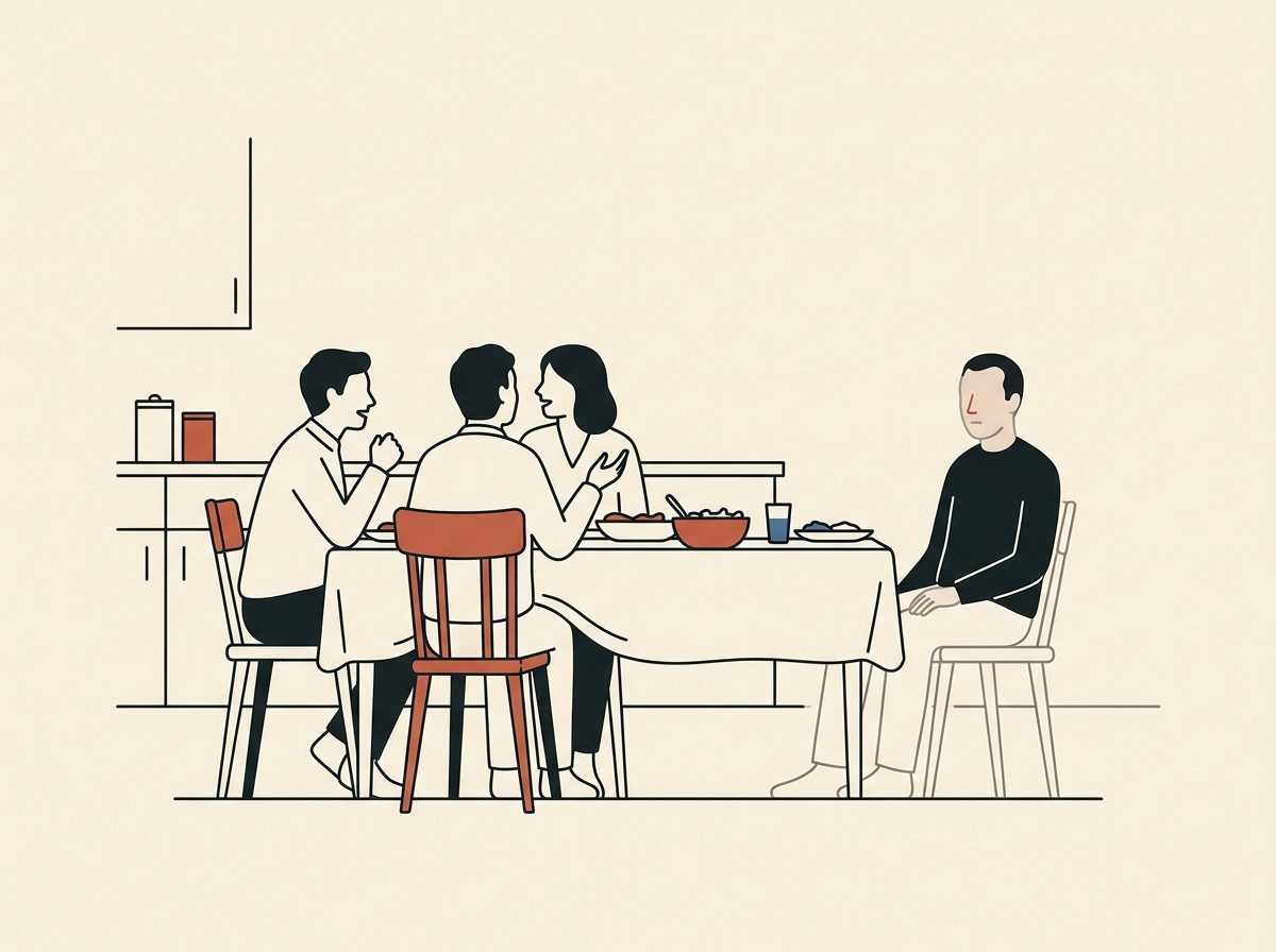 Een eettafel waar drie figuren in gesprek zijn, terwijl een man apart aan het uiteinde zit, in lichtere lijnen getekend.