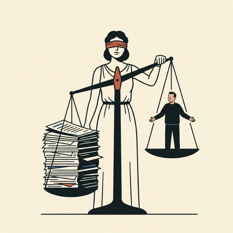 Geblinddoekte Justitia houdt een weegschaal vast; een stapel papier weegt zwaarder dan een klein pleitend mens.