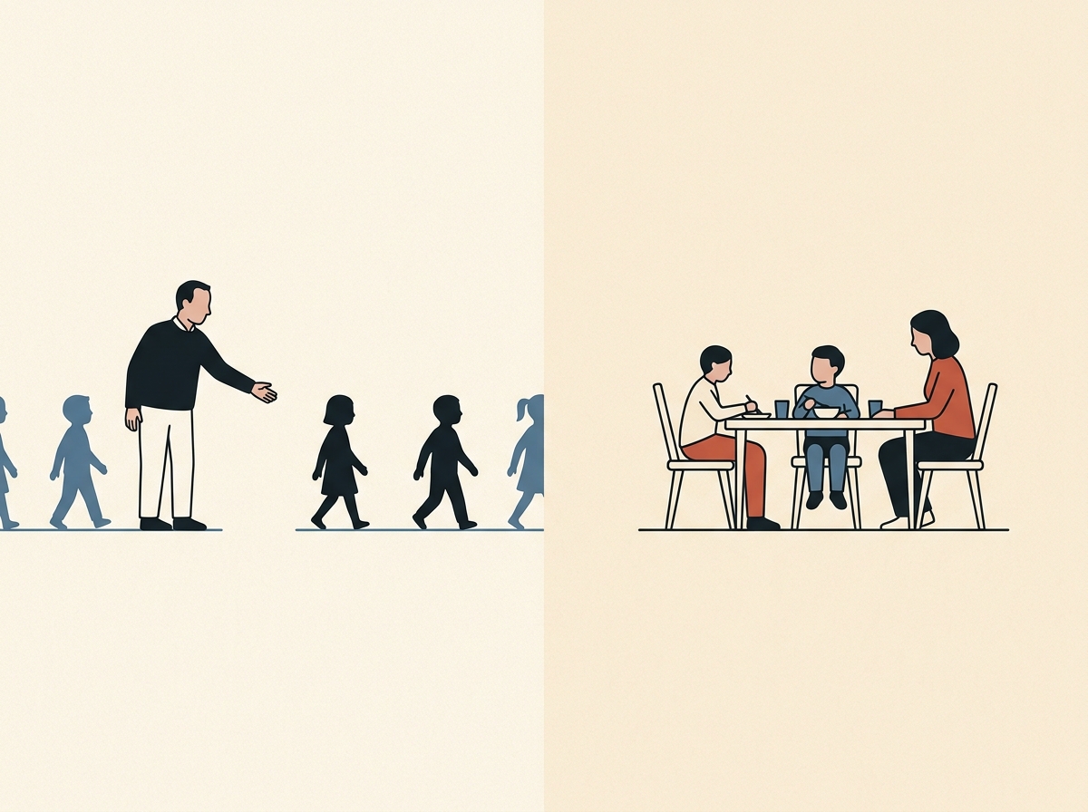 Een tweeluik: links een man die reikt naar weglopende kindersilhouetten, rechts een warme gezinsscene aan tafel.