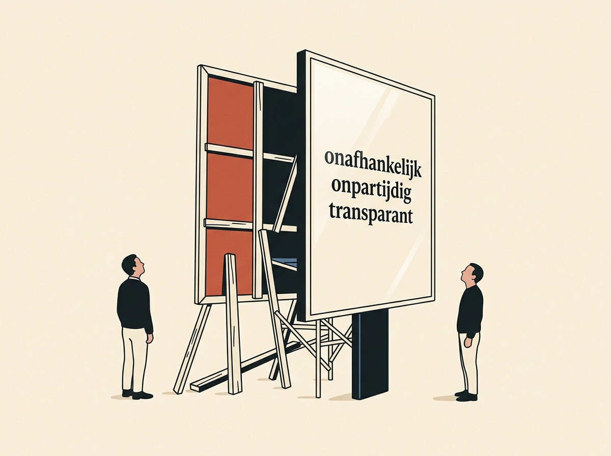 Een glanzend bord met de woorden onafhankelijk, onpartijdig, transparant, dat van achteren met wankele houten schragen overeind wordt gehouden.